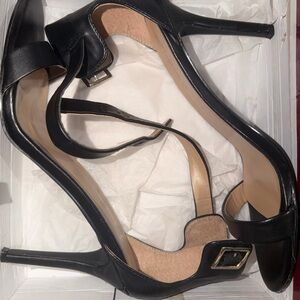 Black Open-Toe Stiletto Heels with Ankle Strap and Buckle